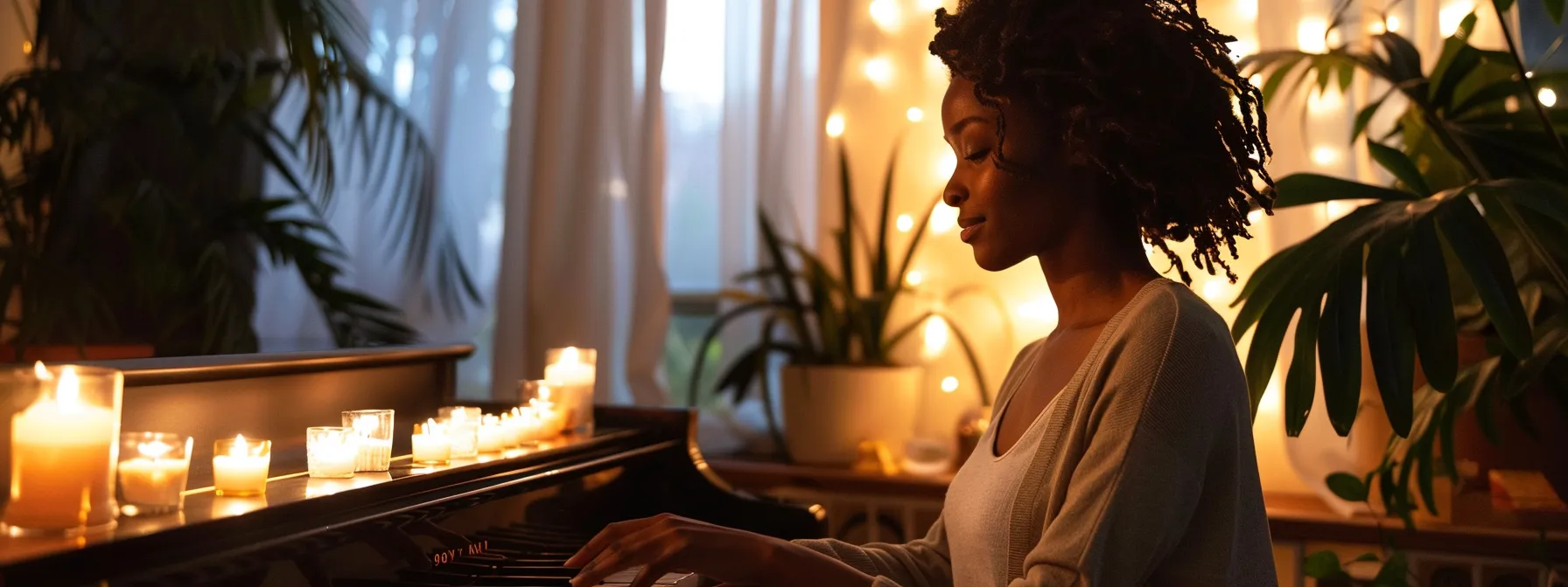 a determined pianist sits at the piano, eyes focused and hands poised, surrounded by motivational quotes and calming candles, ready to conquer practice obstacles.
