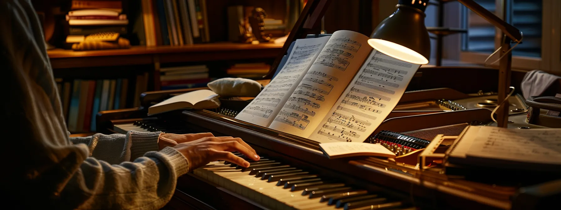 a focused pianist sitting at a grand piano, surrounded by music sheets and a metronome, setting clear and achievable goals for practice sessions.