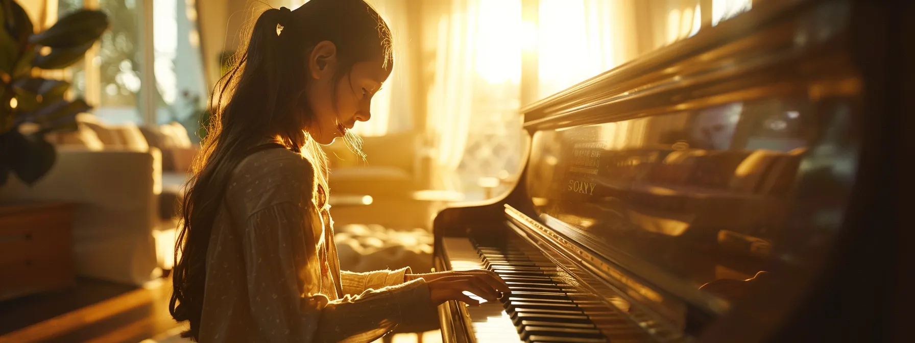 a focused student effortlessly mastering complex piano melodies in a bright, spacious music room.