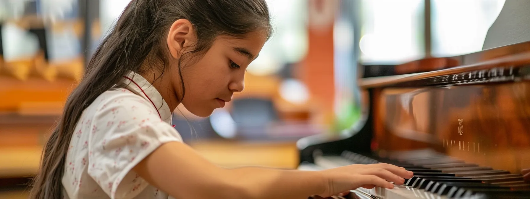 a focused student sits at a grand piano, diligently practising intricate musical passages with determination and concentration.
