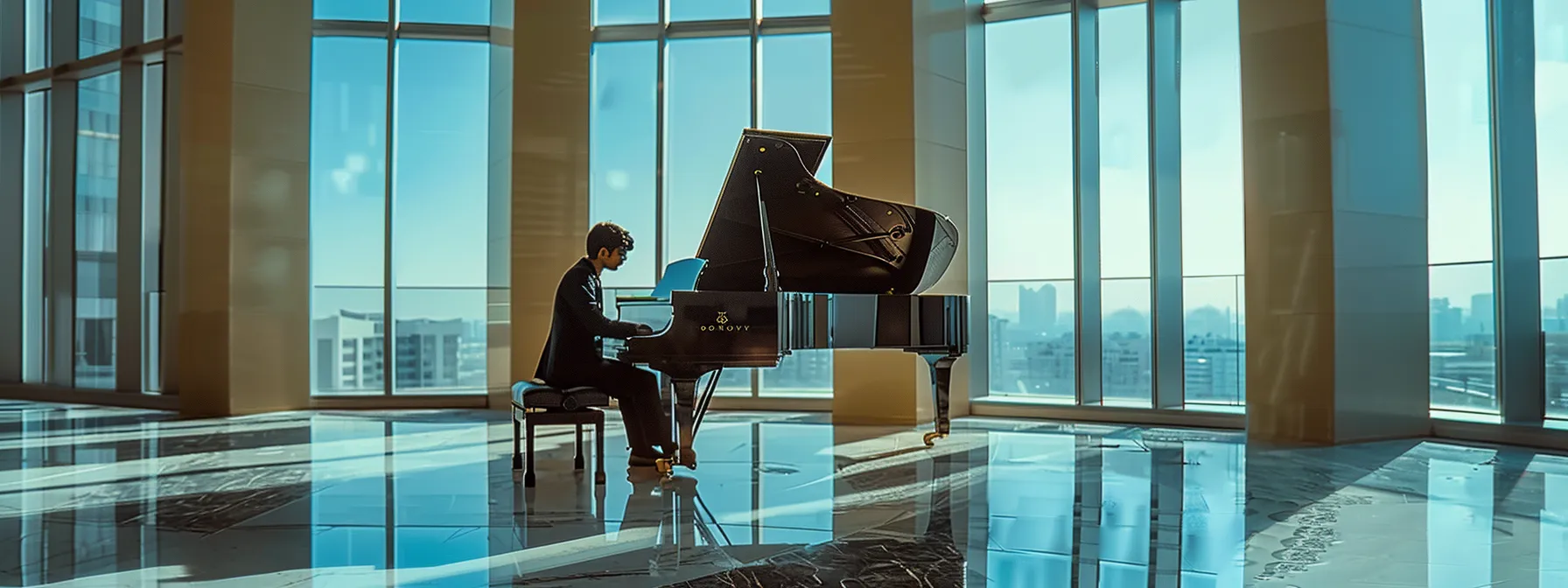 a focused student sitting at a grand piano, taking their first step towards mastery with a dedicated instructor in dubai.