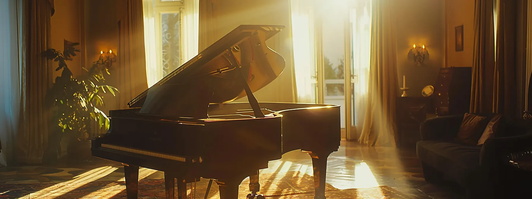 a gleaming grand piano bathed in natural light, sitting elegantly in a spacious, well-ventilated room in london.