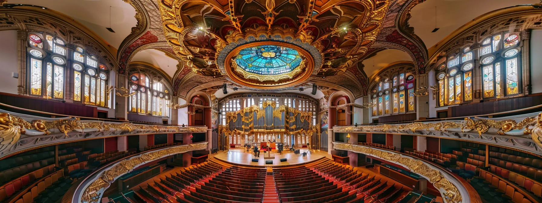 a grand concert hall adorned with intricate gold details, where bach's preludes resonate, handel's operas captivate, and vivaldi's vibrant melodies fill the air.