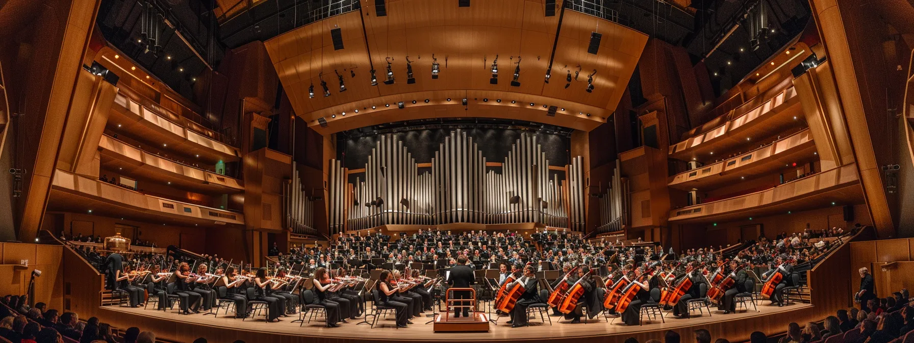 a grand concert hall filled with musicians performing a symphony, surrounded by ornate classical architecture, capturing the elegance and symmetry of sound of the classical period.