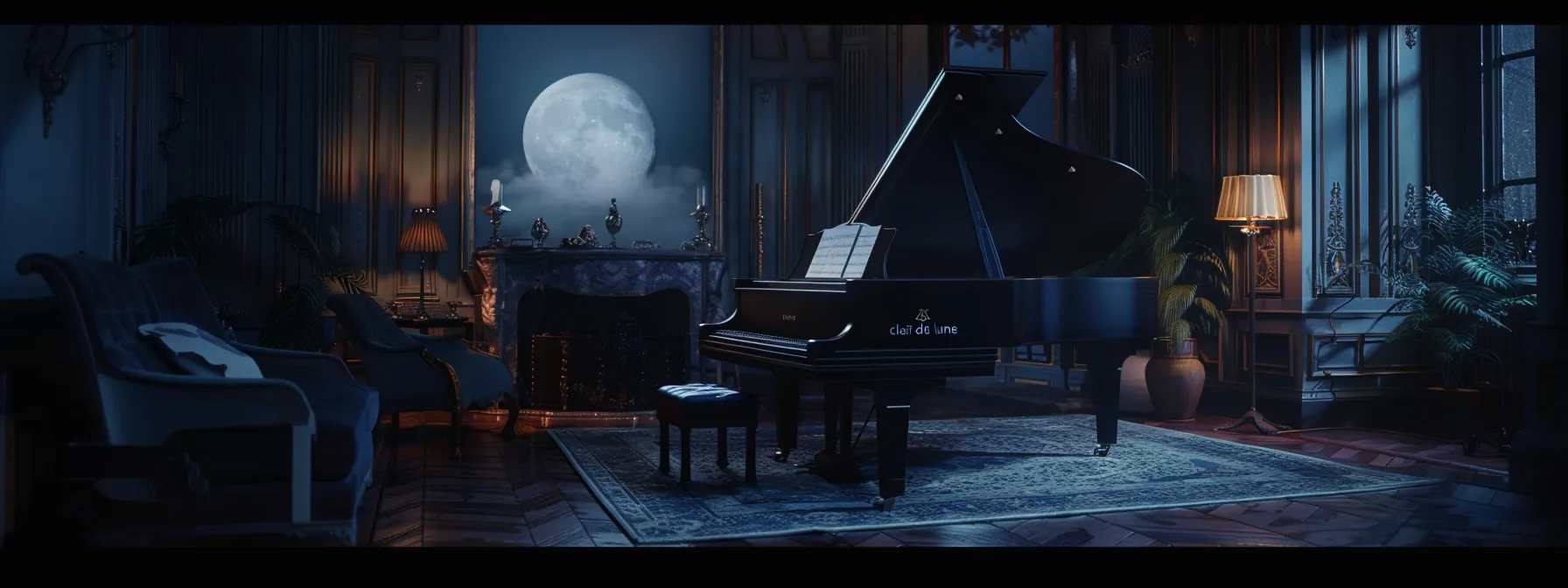 a grand piano bathed in moonlight, showcasing the essence of classical music with 