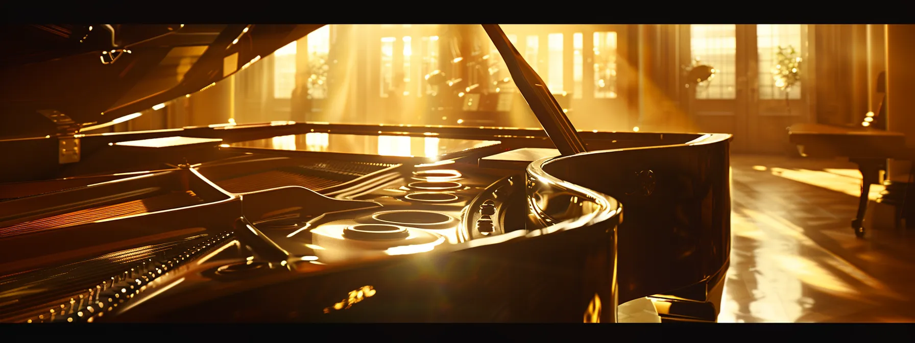 a grand piano bathed in soft light, its glossy black surface reflecting the warmth of a room in london, while a tuner's skilled hands adjust the strings with precision.