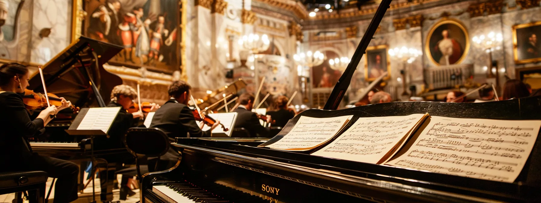 a grand piano stands amidst a symphony orchestra, with intricate sheet music spread out and historical portraits of classical composers adorning the walls.