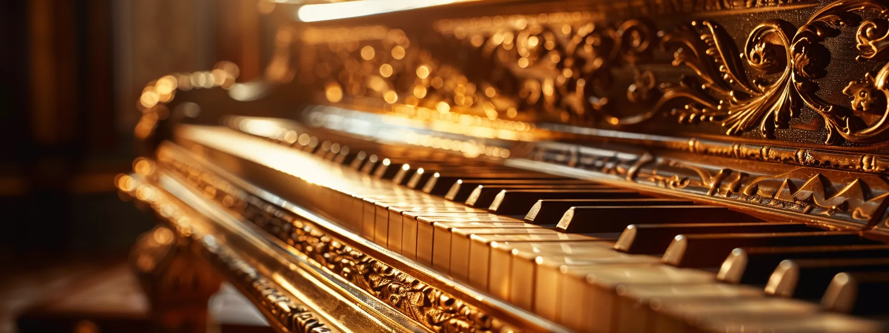a grand piano with a golden hue and intricate carvings, set against a backdrop of soft, ambient lighting, symbolising the blend of affordability and excellence in piano education.