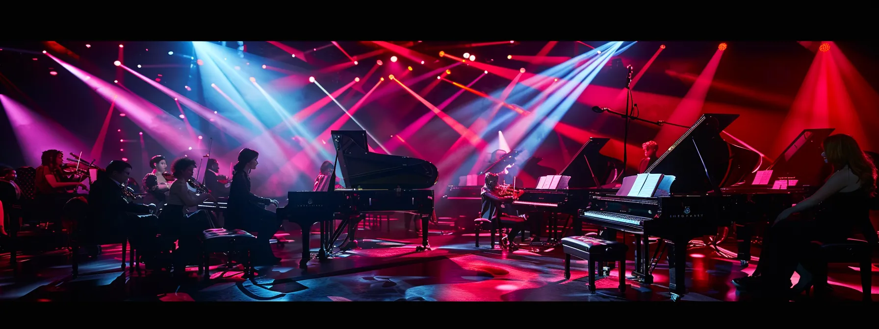 a group of passionate pianists surrounded by grand pianos, immersed in a collaborative and inspiring ensemble event in dubai's vibrant musical community.