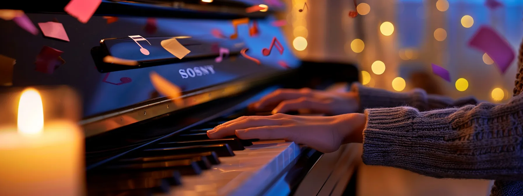 a person sitting at a sleek piano, surrounded by colourful musical notes and a candle lit, showcasing a serene and focused practice routine.