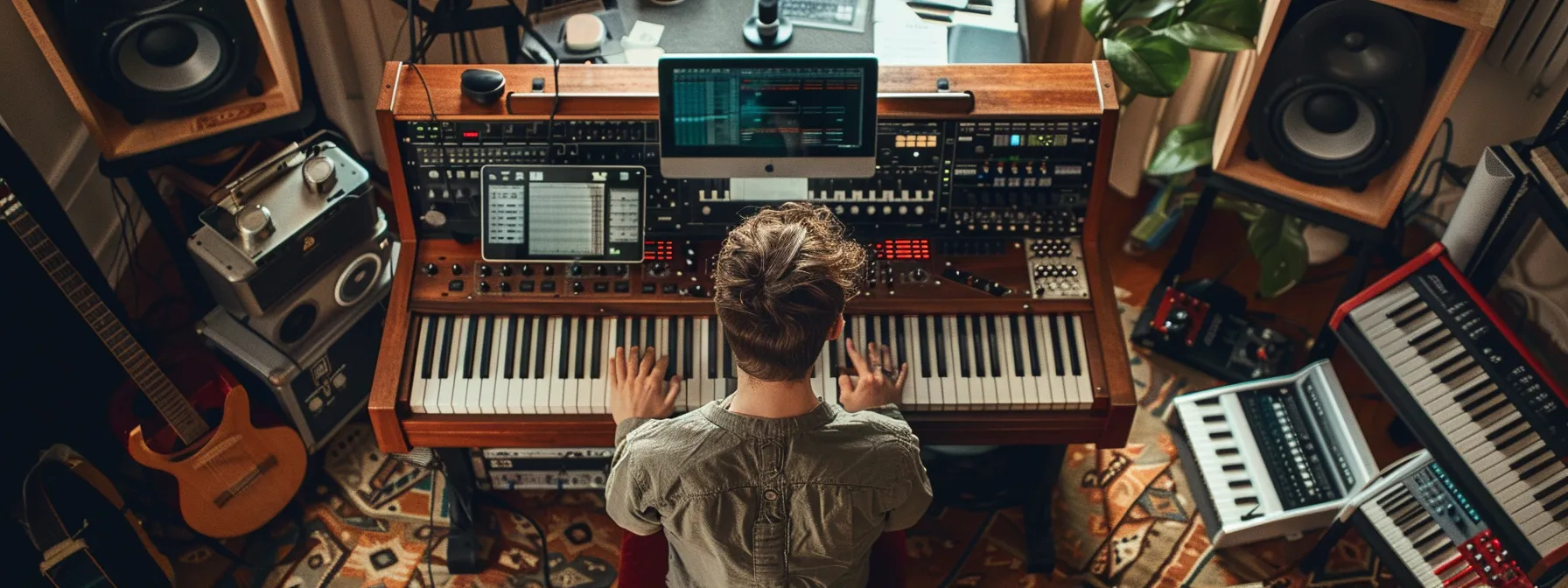 a photo of a pianist surrounded by recording equipment, a tablet with learning apps, and a music teacher, showcasing the triad of support for maximising practice efficiency.
