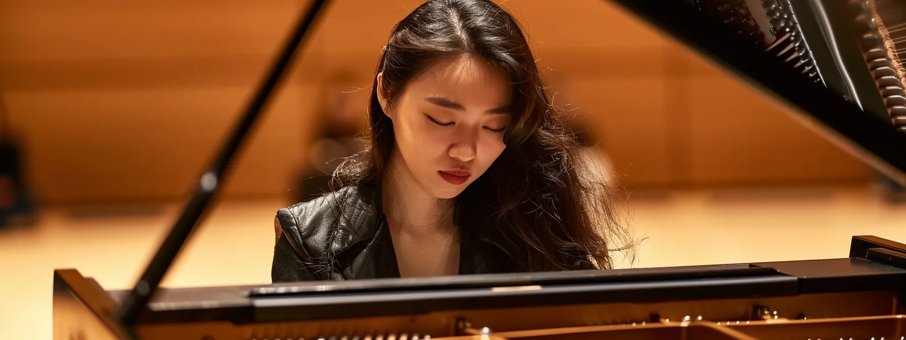 a pianist focused on mastering arpeggios with precision and determination.
