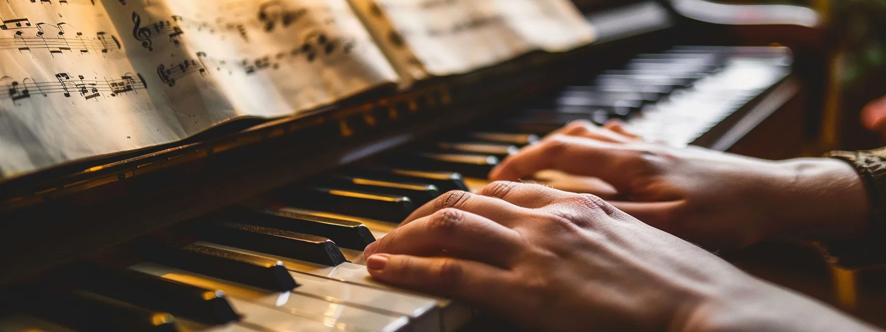 a pianist focused on precise hand movements, using a metronome and visualising music, surrounded by sheet music.