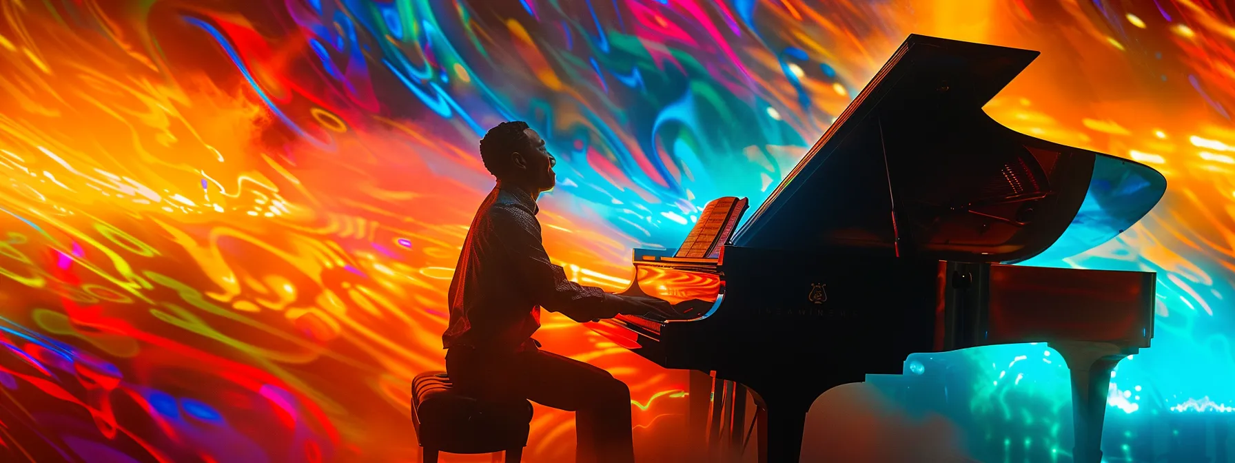 a pianist immersed in a vibrant jazz performance, surrounded by swirling colours and dynamic movements.