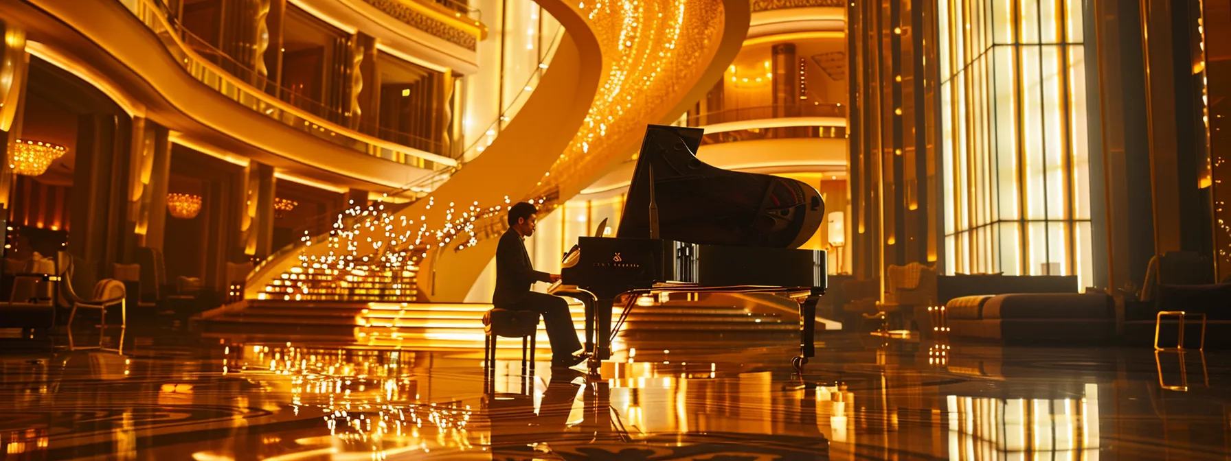 a pianist in dubai delivers a captivating performance, surrounded by the grandeur of a luxurious music hall.