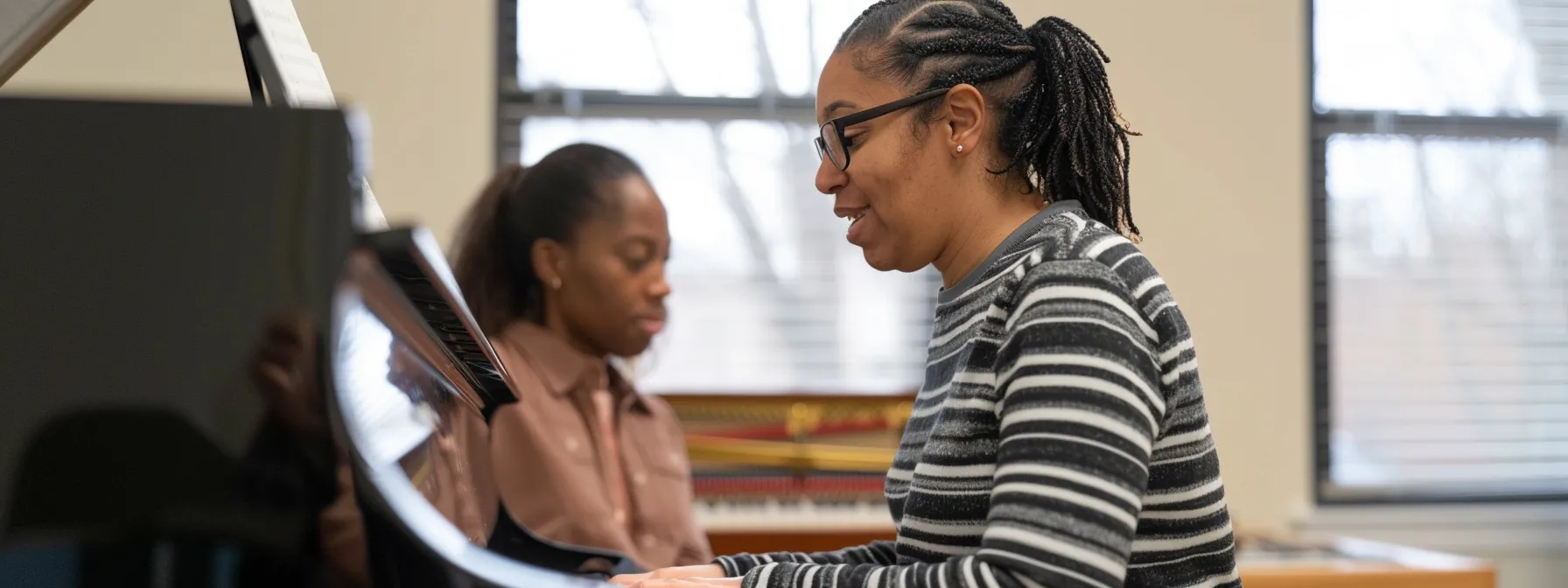 a piano instructor delicately guides a student through playing intricate chords, their fingers effortlessly dancing across the keys as the music fills the room.