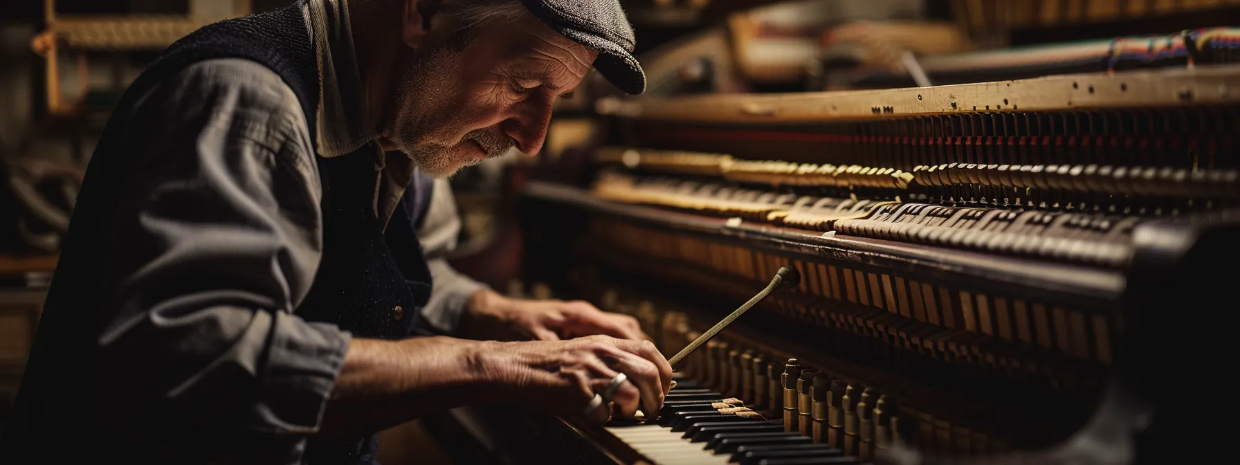 a piano tuner in london delicately adjusts the tuning fork with expert precision, resembling a masterful violinist.