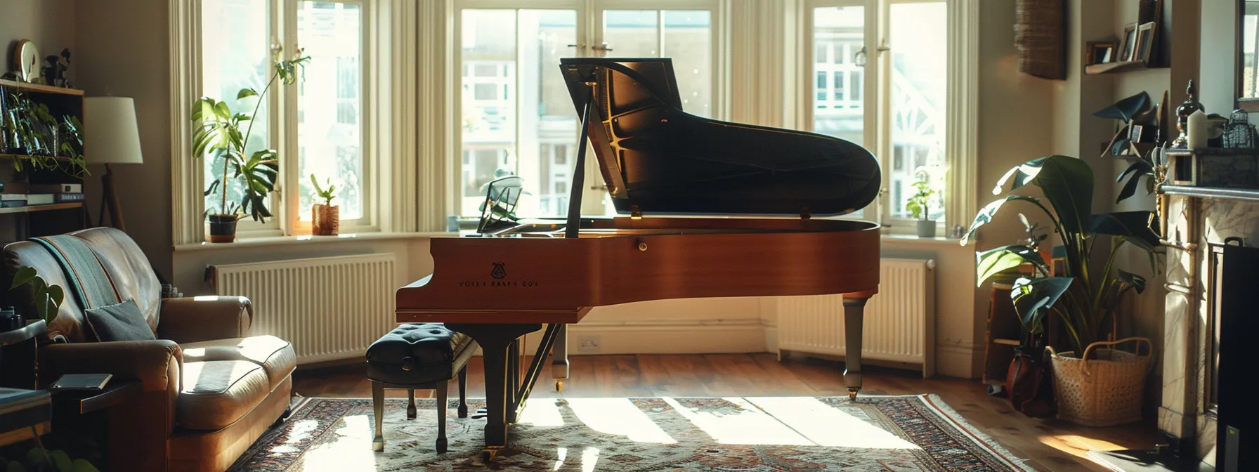a serene, clutter-free living room in london, with a grand piano ready for a tuning session, surrounded by calmness and peace.