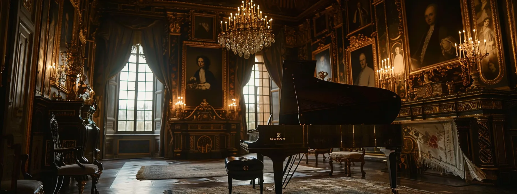 amidst flickering candlelight, a grand piano occupies a regal room adorned with portraits of bach, mozart, and beethoven, their musical spirits lingering in the air.