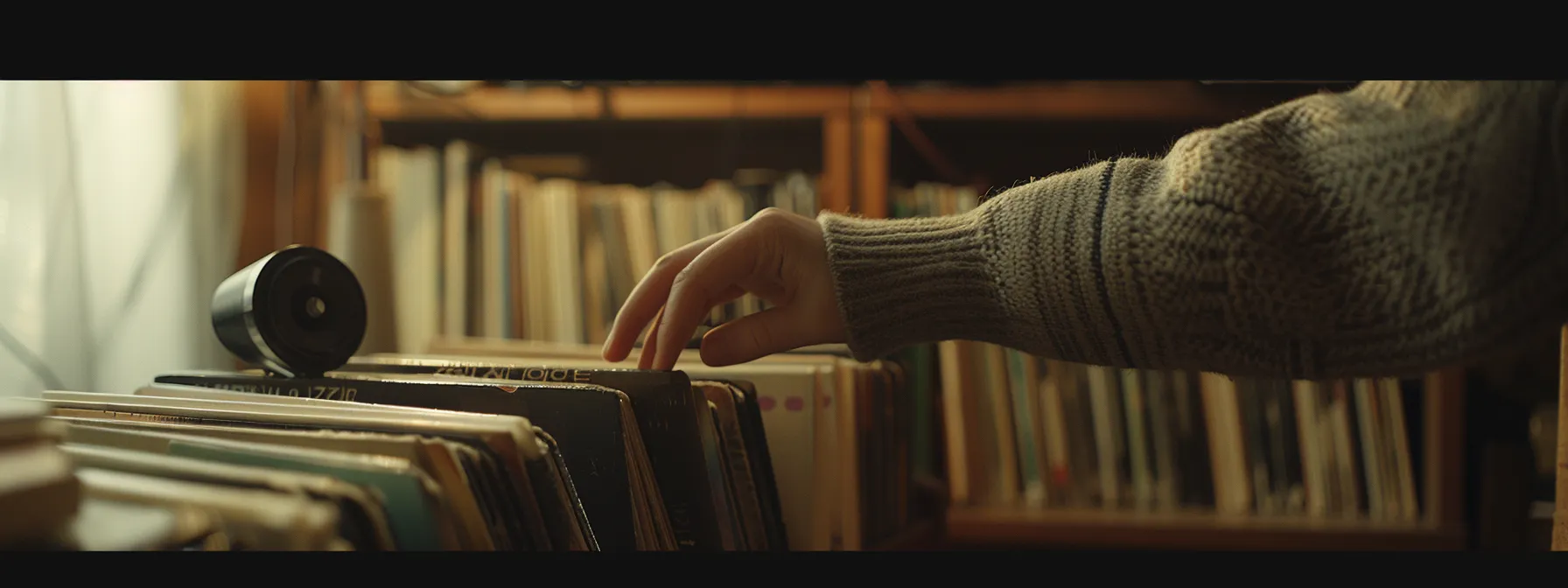 an elegant hand scrolling through a collection of vinyl records, with a vintage record player in the background, showcasing a curated classical music playlist.