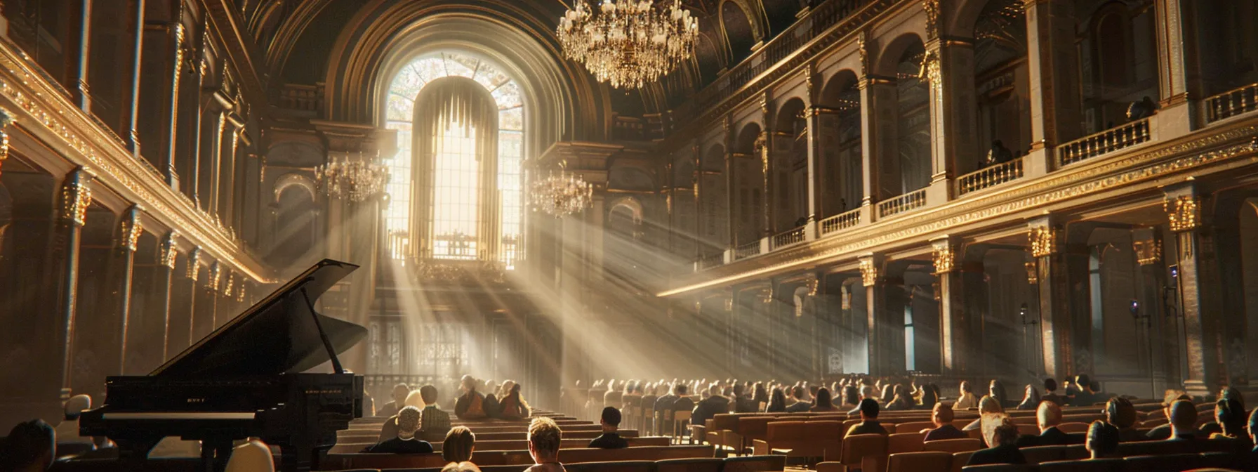 an elegant piano concert in a grand hall filled with enraptured listeners.