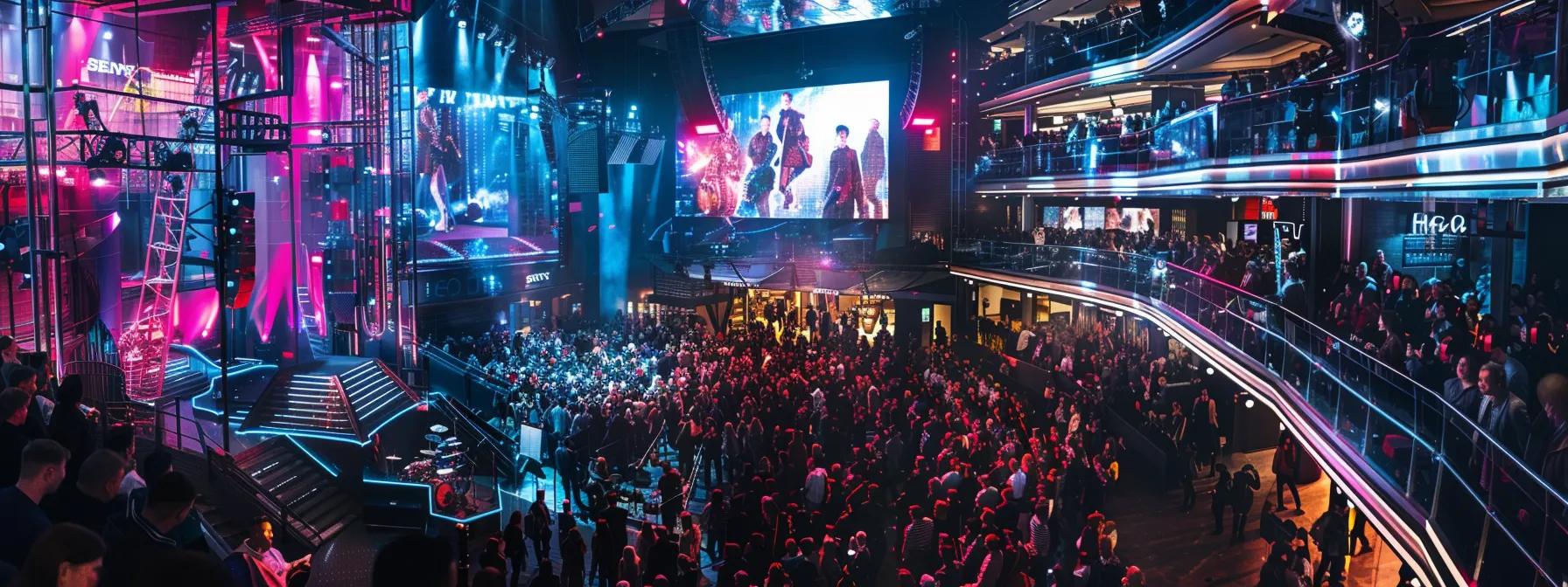 a diverse group of musicians, surrounded by futuristic technology and vibrant musical instruments, collaborating and engaging with a large audience in a modern concert hall in london. a diverse group of musicians, surrounded by futuristic technology and vibrant musical instruments, collaborating and engaging with a large audience in a modern concert hall in london.