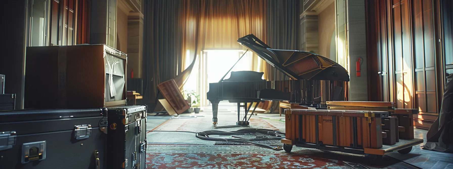 a grand piano being carefully lifted and loaded onto a professional moving truck by experienced piano movers in a spacious, well-equipped room.