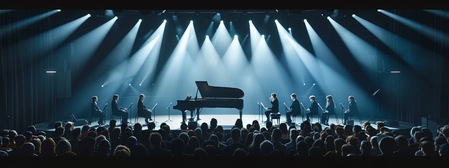 a group of young piano prodigies performing on a grand stage, surrounded by a supportive audience of all ages.