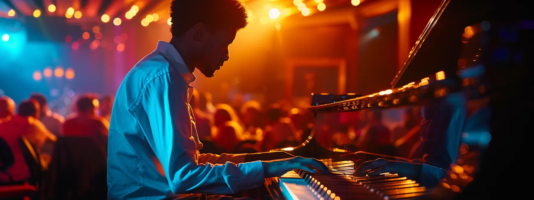 a young pianist mesmerising a diverse audience with a fusion of classical melodies and contemporary tunes at a vibrant london music venue.