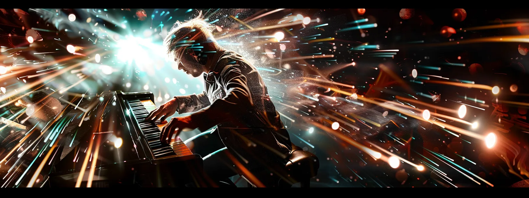 a dynamic scene of a pianist passionately playing a rock piece, capturing the essence of classic rock piano styles with electrifying energy. a dynamic scene of a pianist passionately playing a rock piece, capturing the essence of classic rock piano styles with electrifying energy.