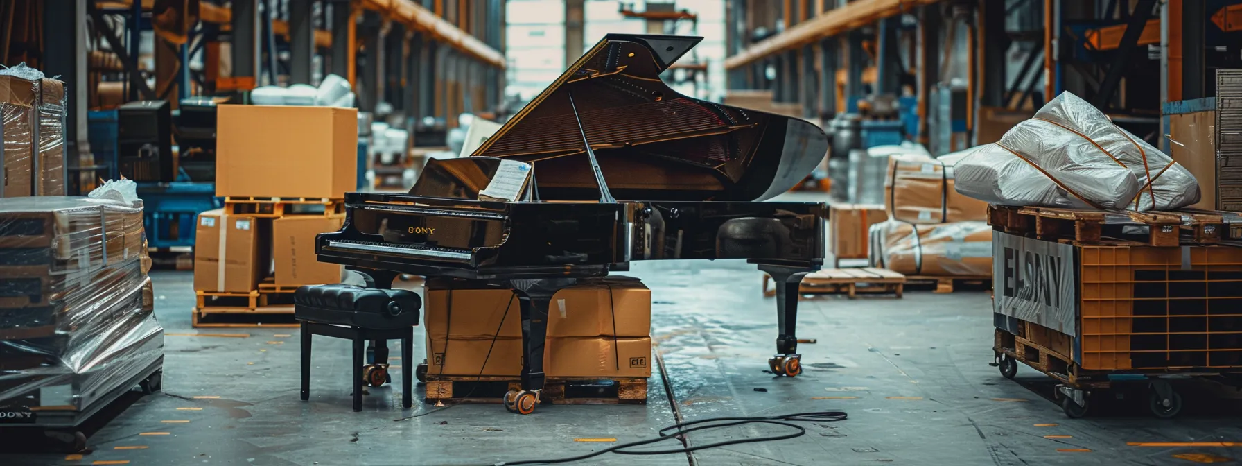 a grand piano being carefully transported by expert movers, surrounded by sturdy packing materials and a team ensuring its safe journey across the nation.