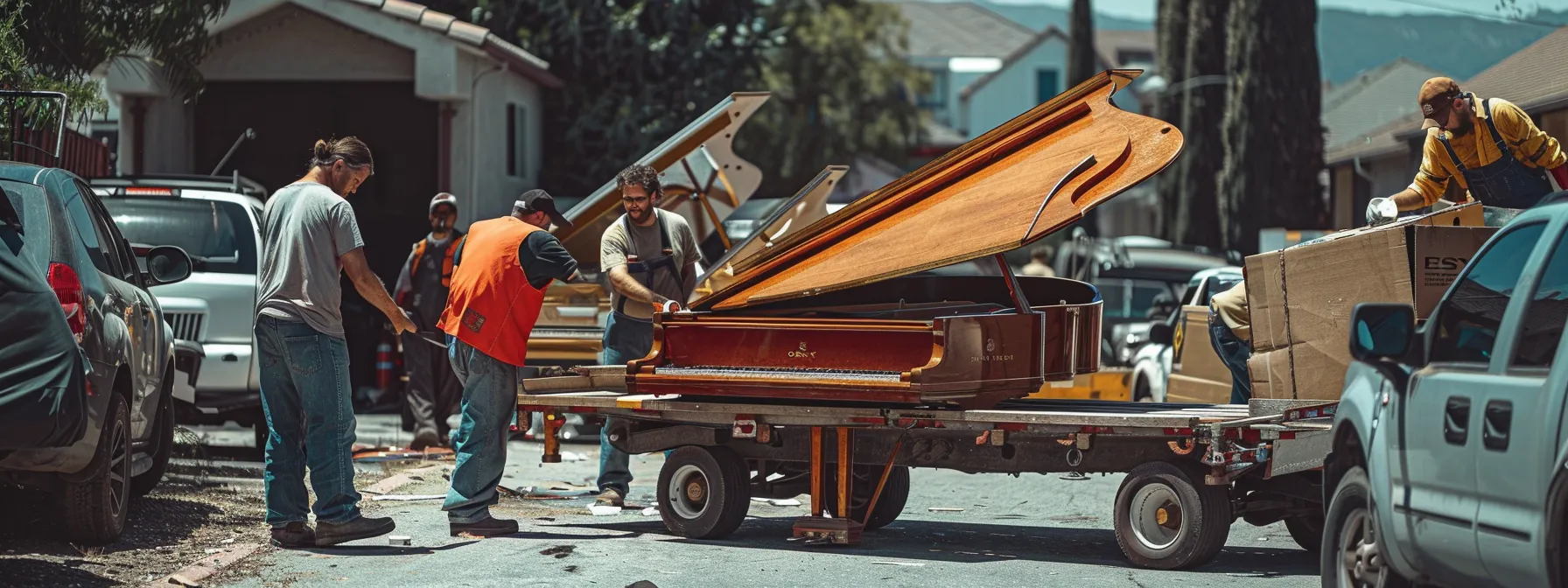 a group of professional piano movers carefully loading a grand piano onto a sturdy truck, showcasing their expertise and precision in handling delicate instruments.