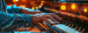 a musician confidently improvising a soulful rock solo on a grand piano, immersed in the spontaneous spirit of the music.