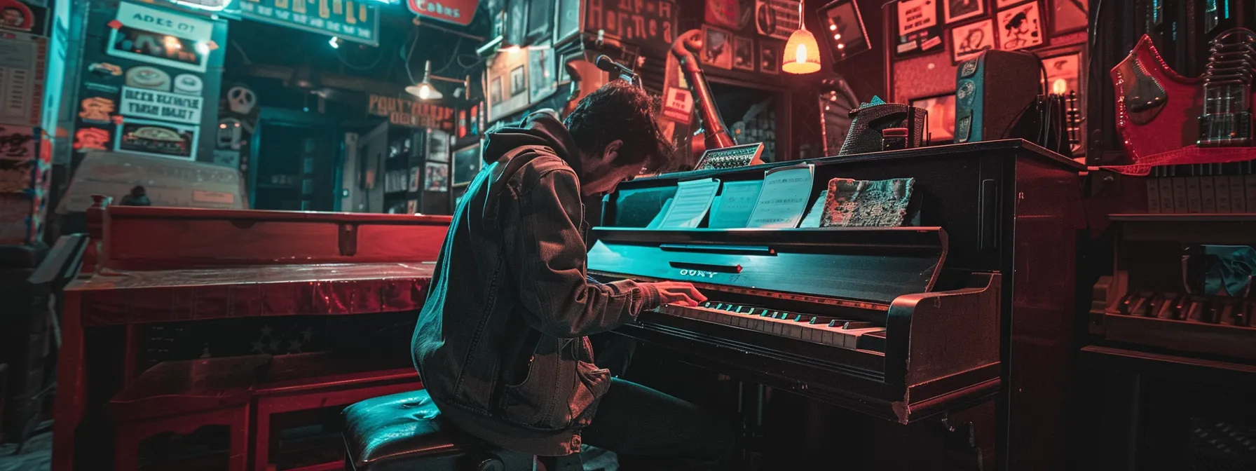 a musician passionately playing a vintage rock piano, surrounded by iconic rock memorabilia, capturing the essence of the genre's raw energy and rhythm. a musician passionately playing a vintage rock piano, surrounded by iconic rock memorabilia, capturing the essence of the genre's raw energy and rhythm.