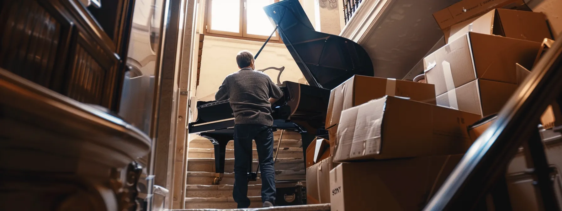 a professional piano moving company carefully transporting a grand piano up a narrow staircase with precision and expertise.