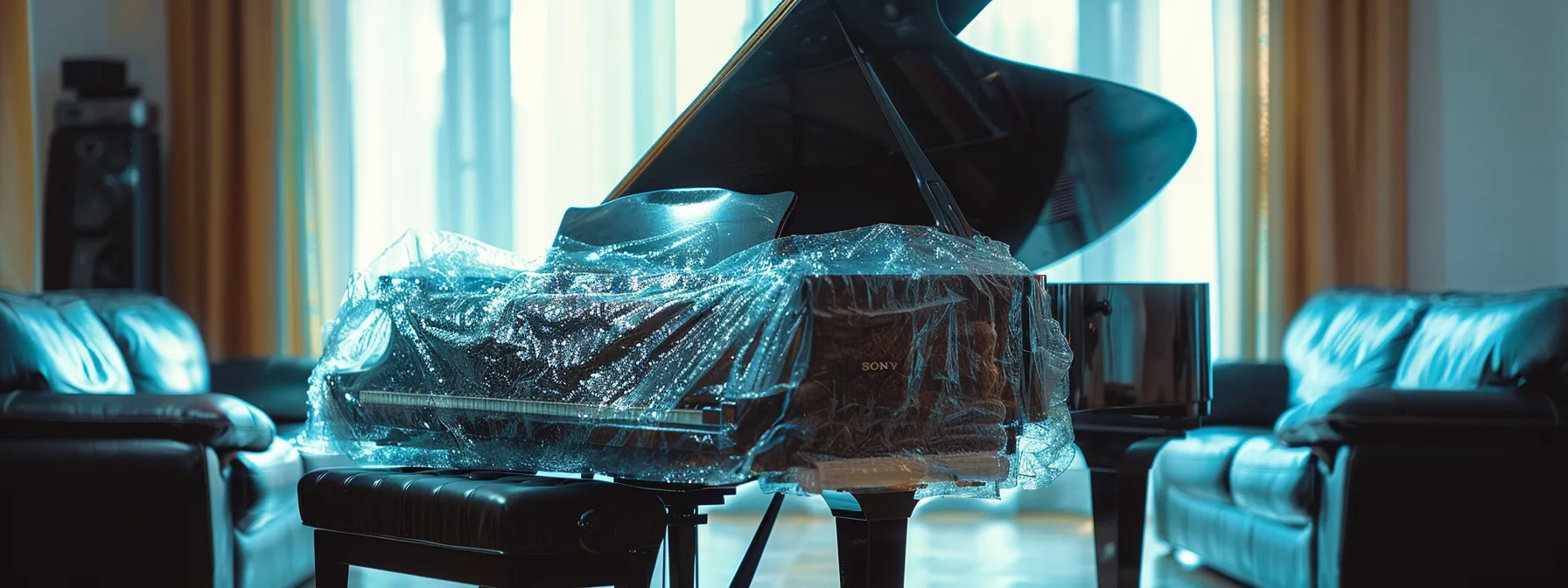 safely wrapping a grand piano in protective bubble wrap before a move.