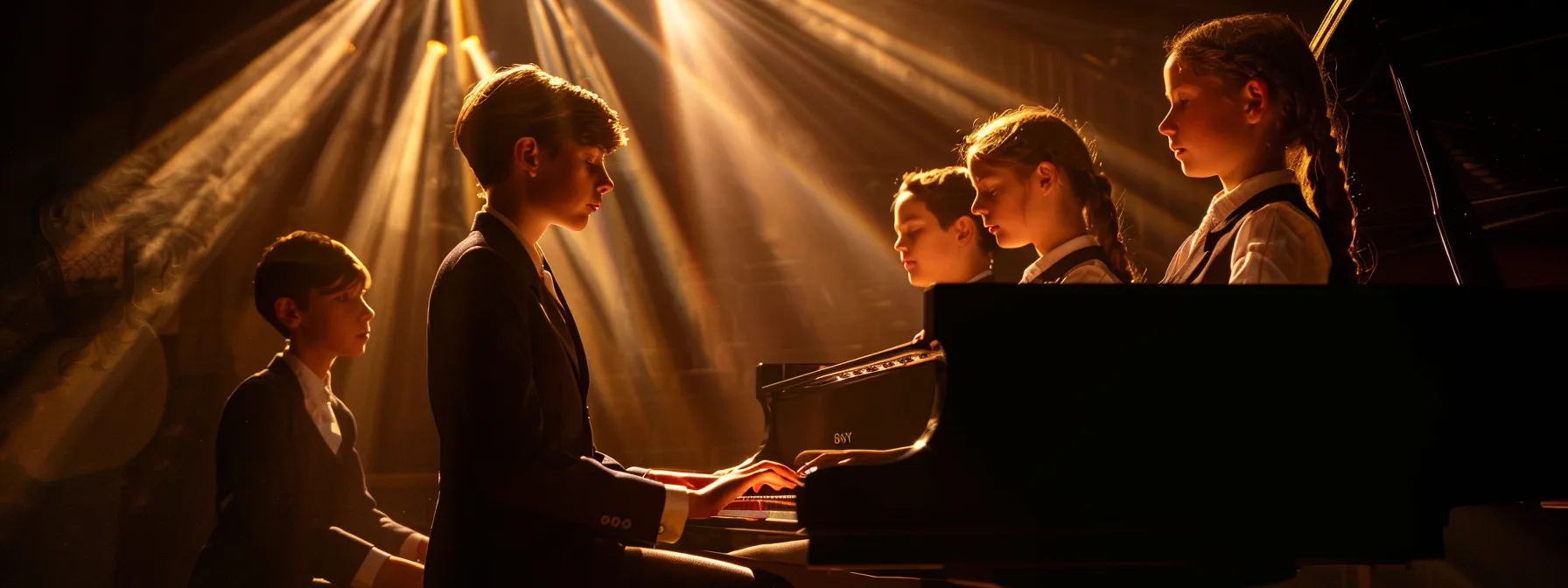 a captivating shot featuring young piano prodigies jude, amy, noah, sophia, and ethan illuminated by a spotlight as they passionately perform classical masterpieces in london.
