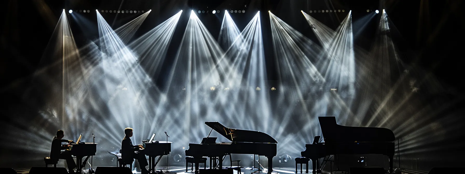 a grand piano surrounded by a spotlight, showcasing the contemporary prodigies benjamin grosvenor, freddy kempf, and martin james bartlett performing in perfect harmony.