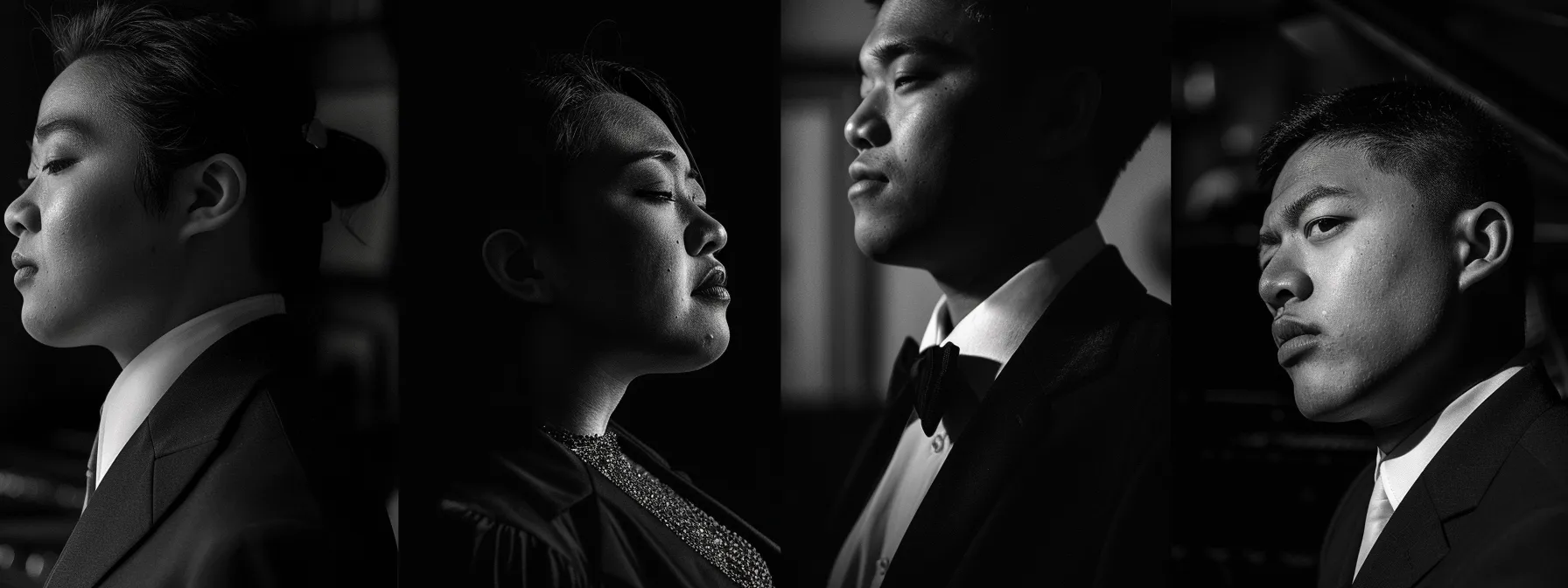 captivating black and white portrait of piano prodigies with intense gazes and poised postures, showcasing their enduring legacy in london's musical history.