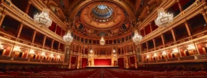 the grand interior of a prestigious london concert hall filled with elegant chandeliers, plush red velvet seats, and a striking stage set for a classical music performance.