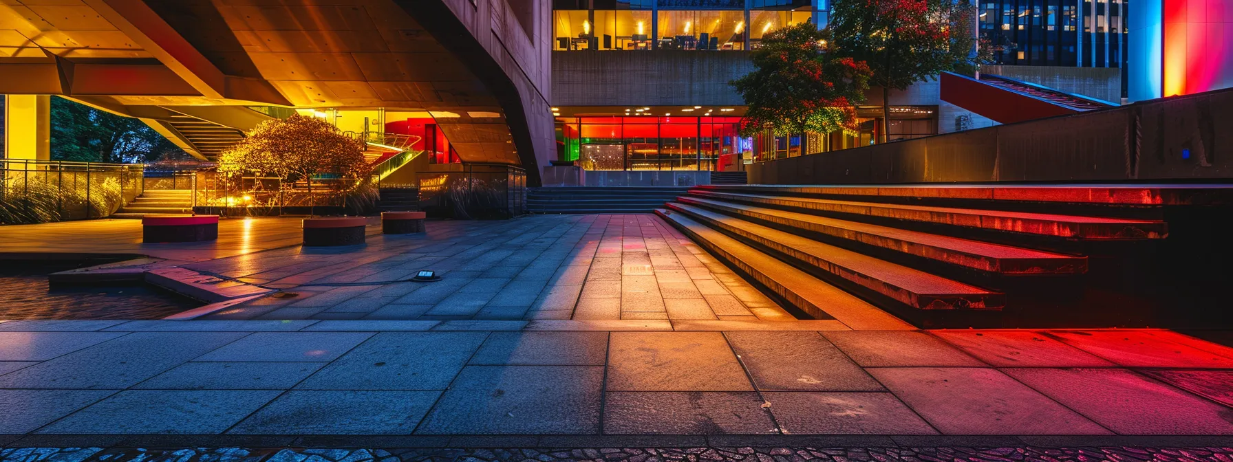 vibrant light cascades over the sleek, modern architecture of the barbican centre, setting the stage for a night of immersive classical music exploration.