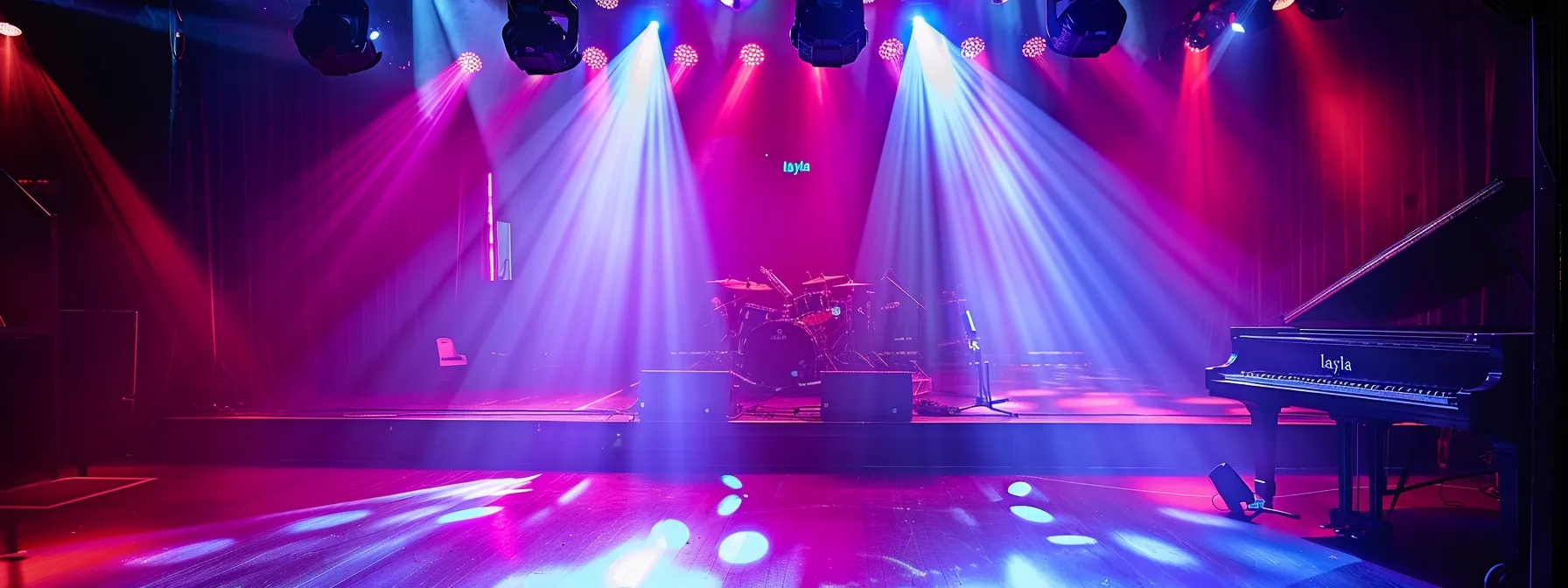 vibrant piano keys shining under stage lights, showcasing the major and minor pentatonic scales, the foundation of rock piano solos like those in london music stage