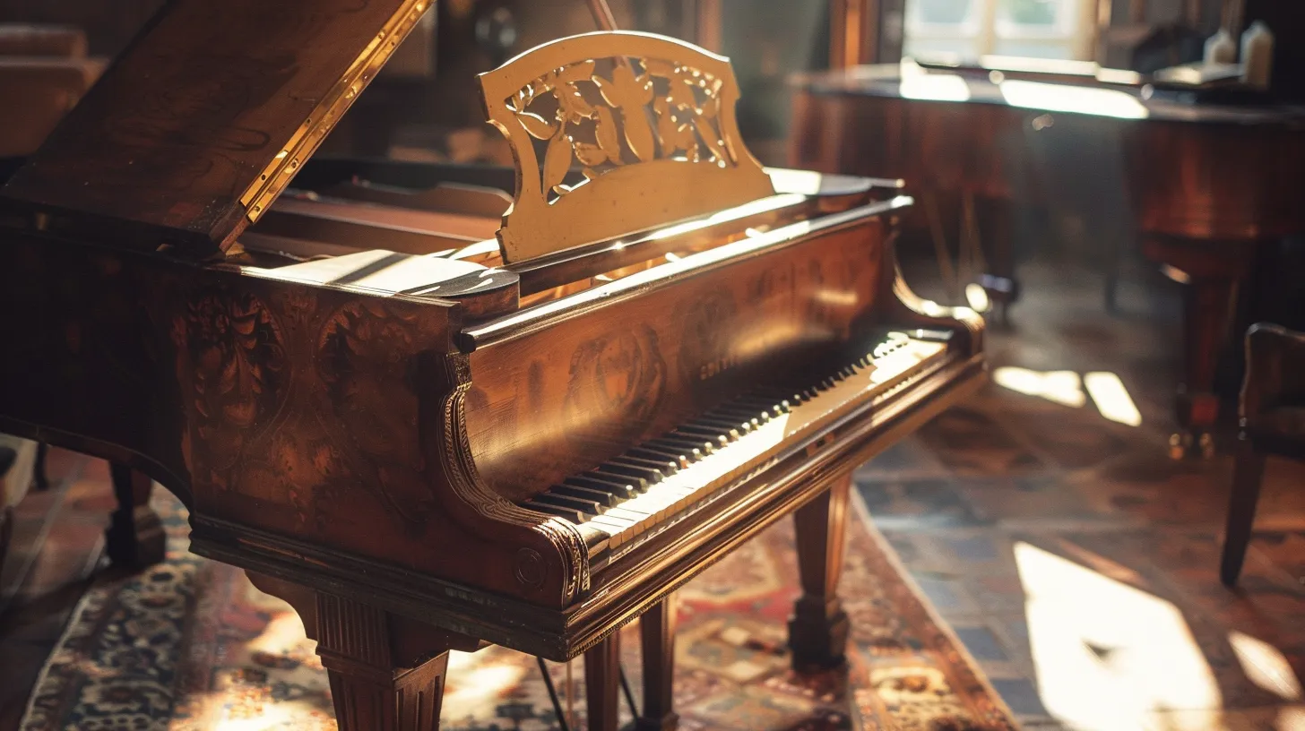 a beautifully restored vintage piano, gleaming in a sunlit workshop, showcases intricate detailing and polished wood, reflecting the dedication to preserving musical heritage.