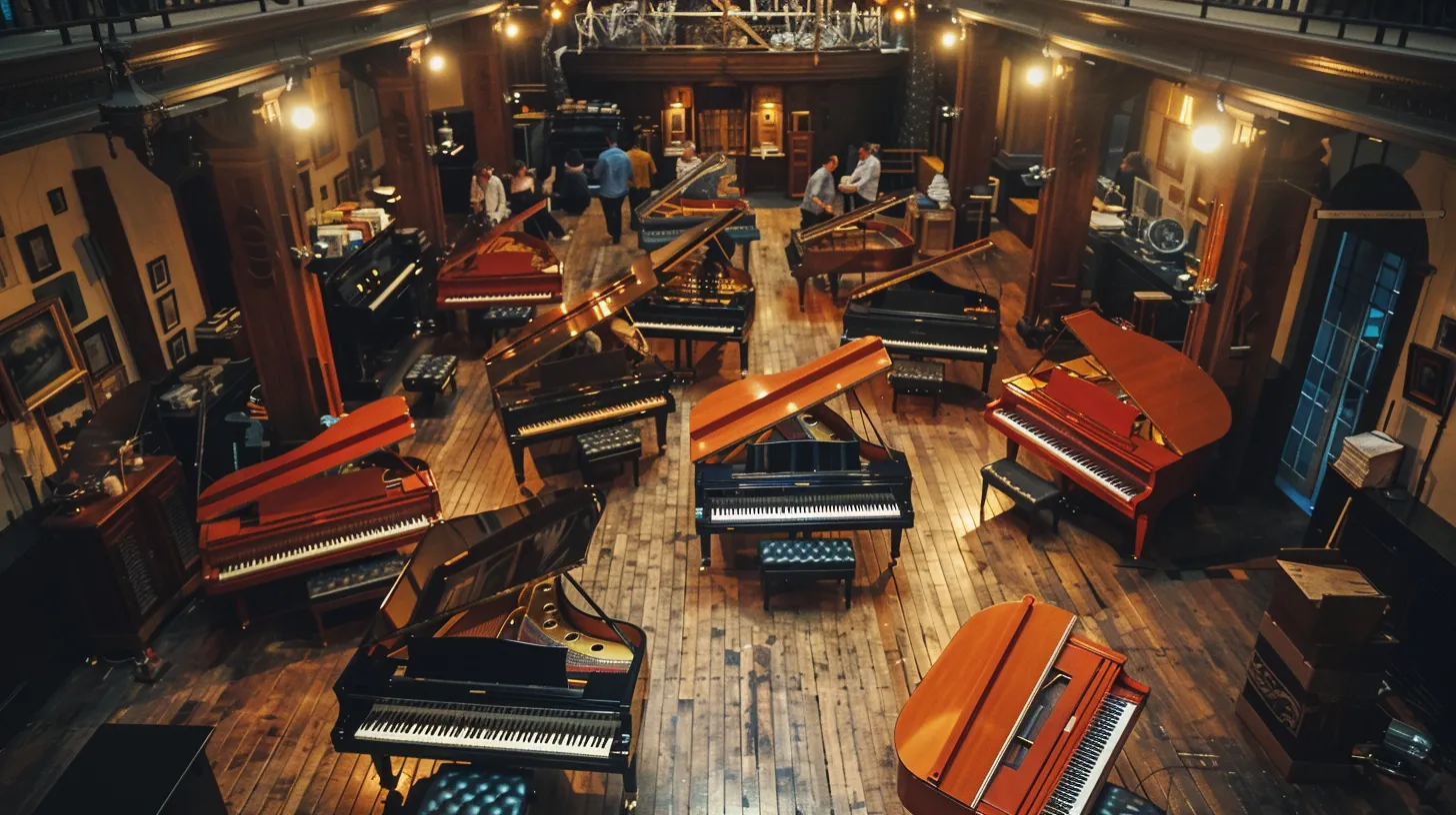 a vibrant gathering of aspiring pianists engrossed in a historical workshop, surrounded by beautifully restored pianos from the iconic kemble, knight, and bentley factories, illuminated by warm, inviting light that highlights their craftsmanship and heritage.