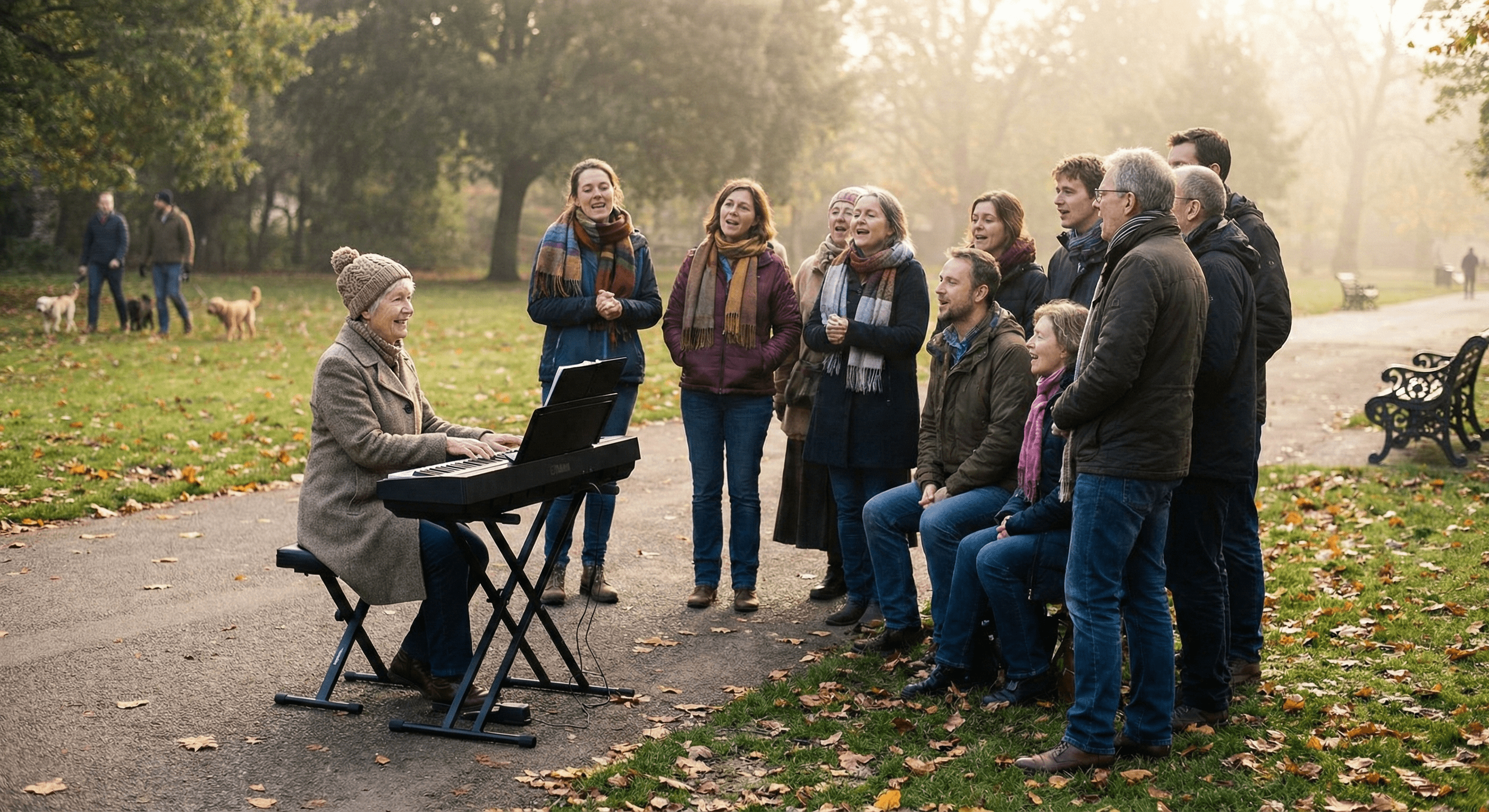 Older piano beginner leading a friendly sing-along at a portable piano in a London park on a crisp Saturday morning