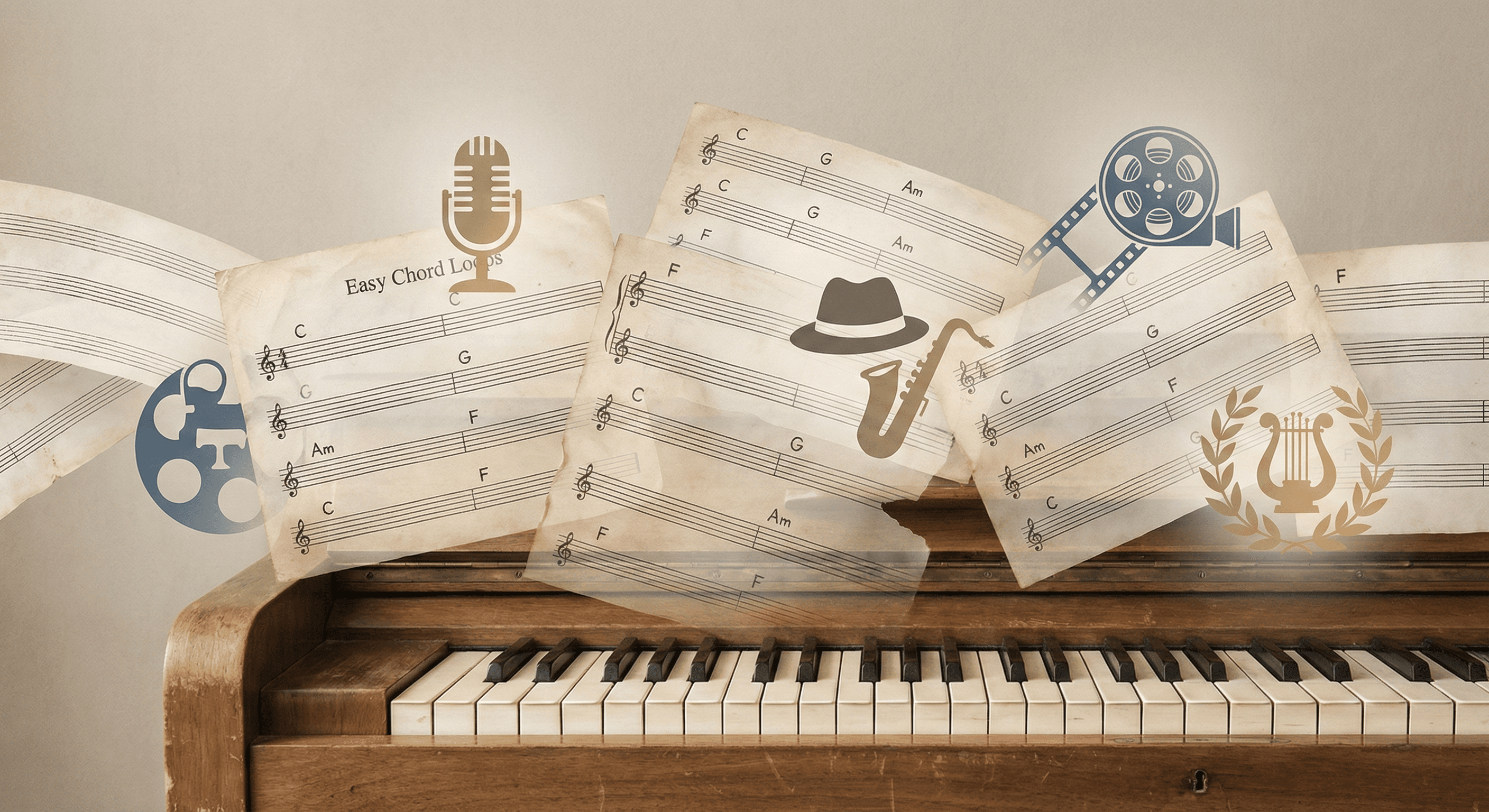 Editorial collage of piano keyboard with easy chord loops and genre motifs for pop, jazz, film, and classical repertoire