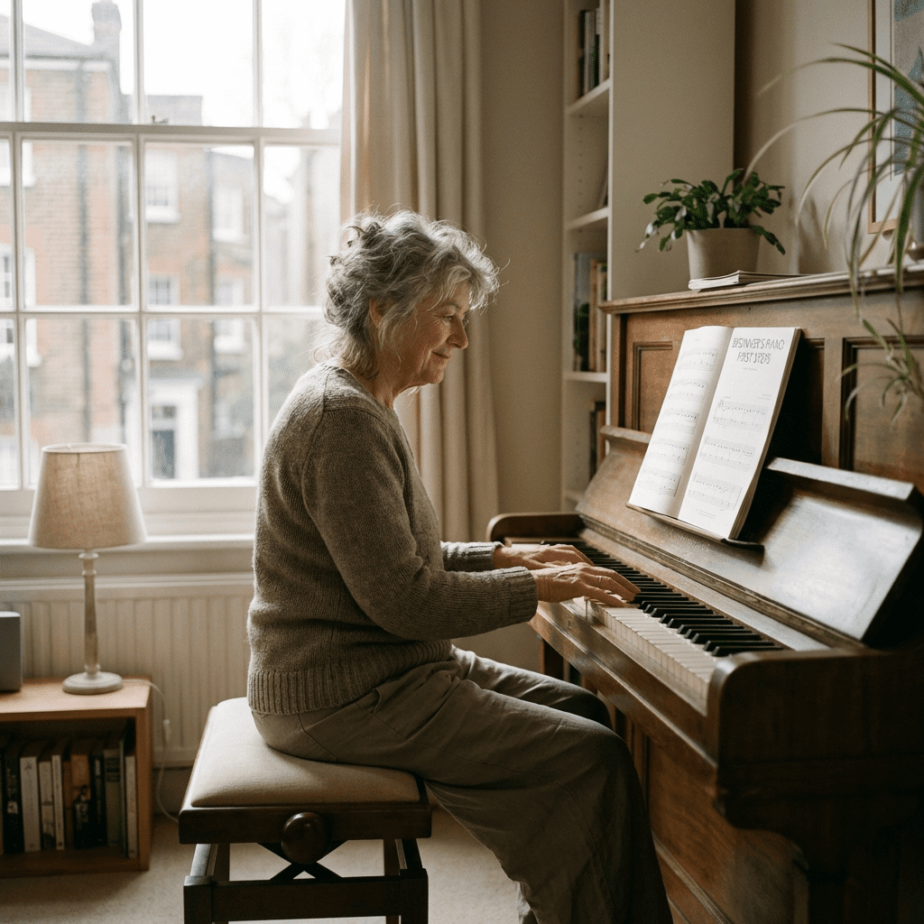 The hands of an older adult woman poised above piano keys with sheet music visible.