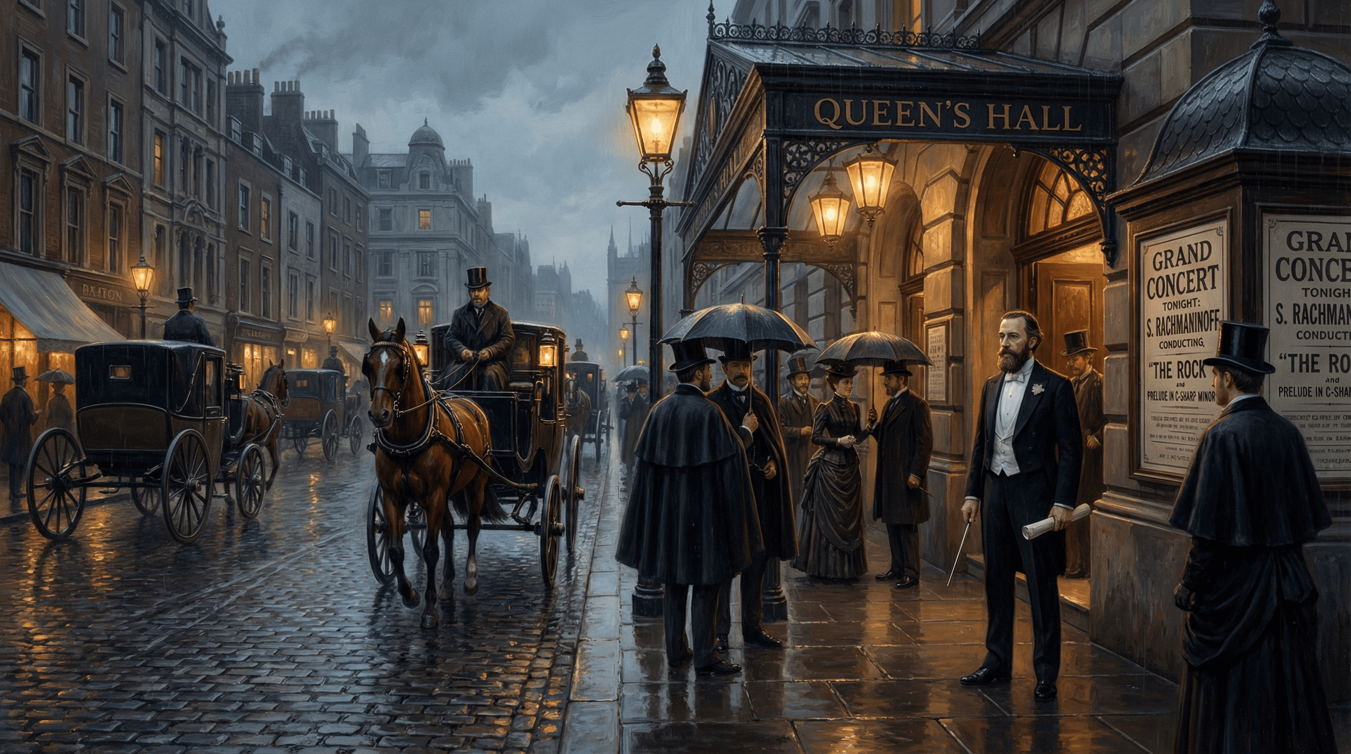 Victorian-era London concert night outside Queen’s Hall on Oxford Street, evoking Rachmaninoff’s 1899 debut in London