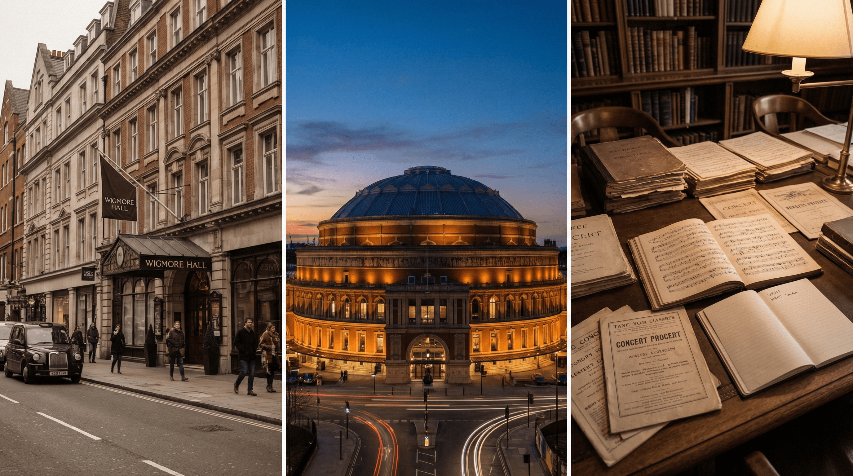 Modern London classical music itinerary collage with Wigmore Hall, the Royal Albert Hall at dusk, and an archival research desk with sheet music and programmes