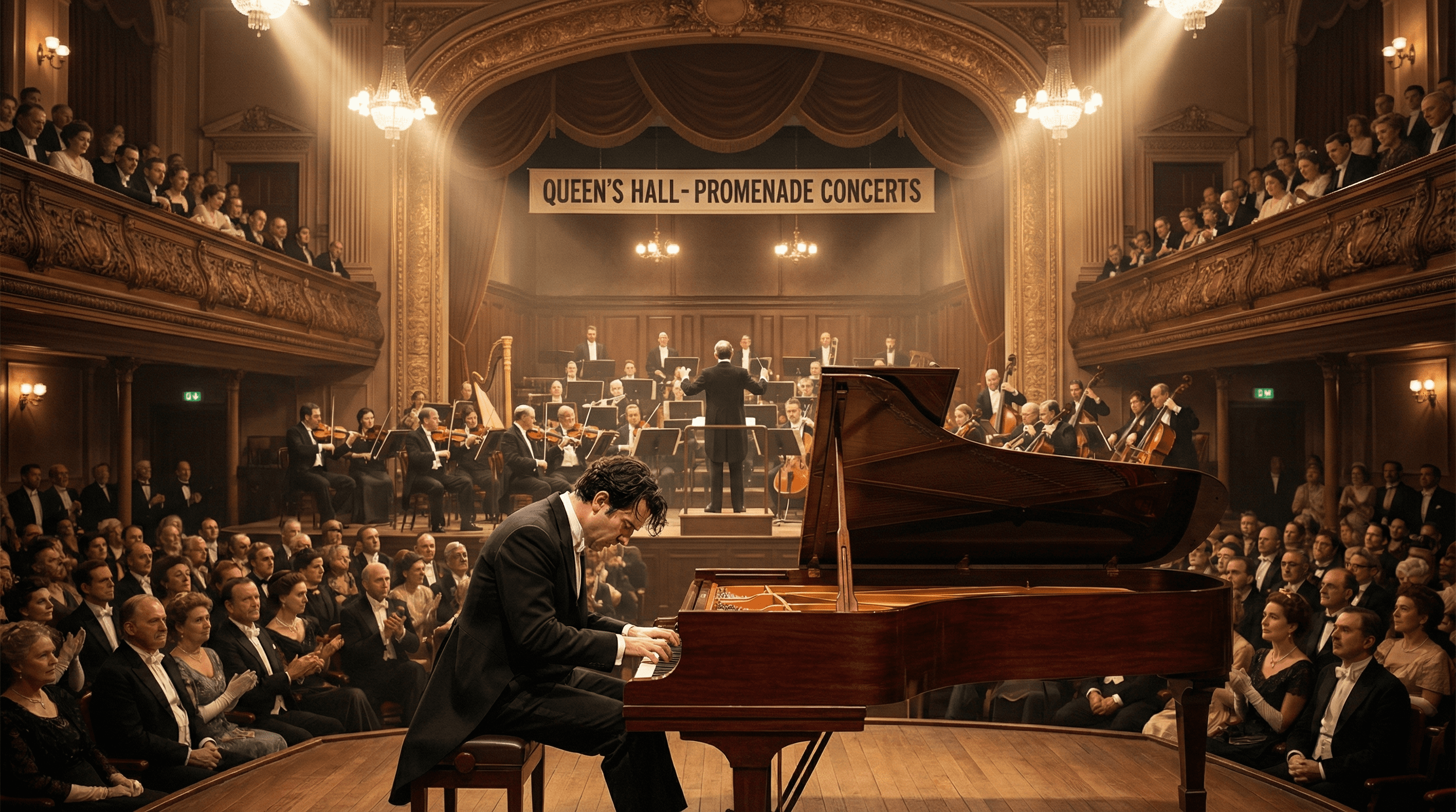 Reconstructed interior of Queen’s Hall during a 1908 performance of Rachmaninoff’s Piano Concerto No. 2 with orchestra and conductor